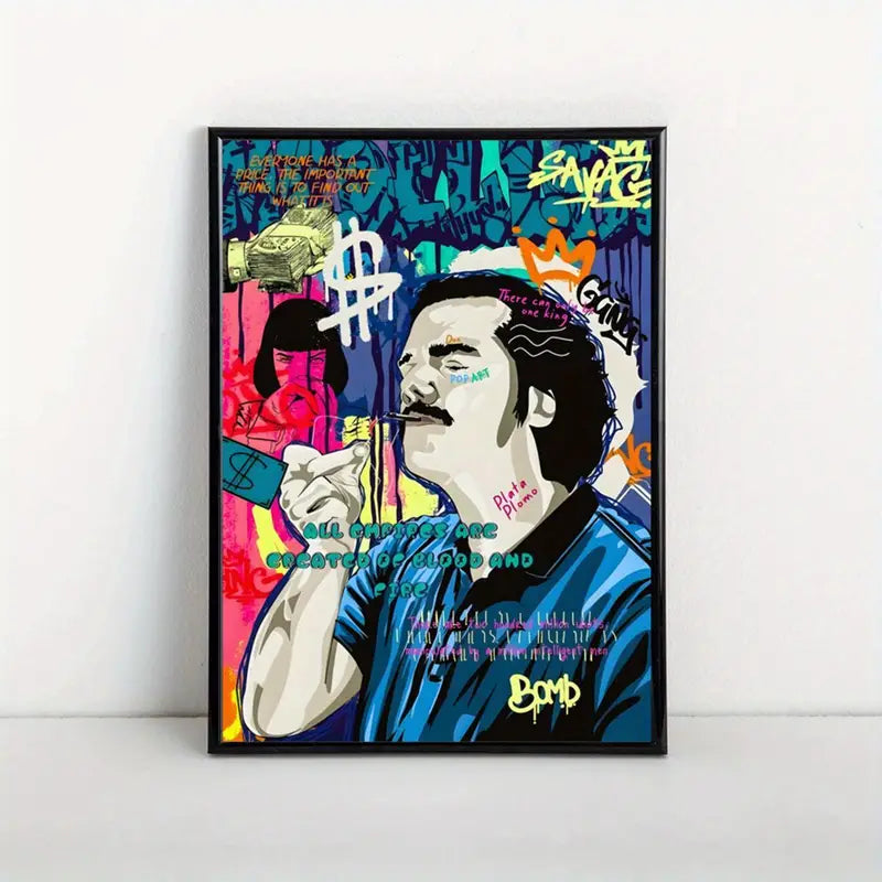 Pablo Escobar Graffiti Poster: Artistic Wall Art for Living Room, Bedroom, Home Office, Bathroom, Kitchen, and Bedroom - Unframed, Modern, Retro, Vertical, Canvas, Indoor Use, Spring & Winter Seasons, Ink Art Medium