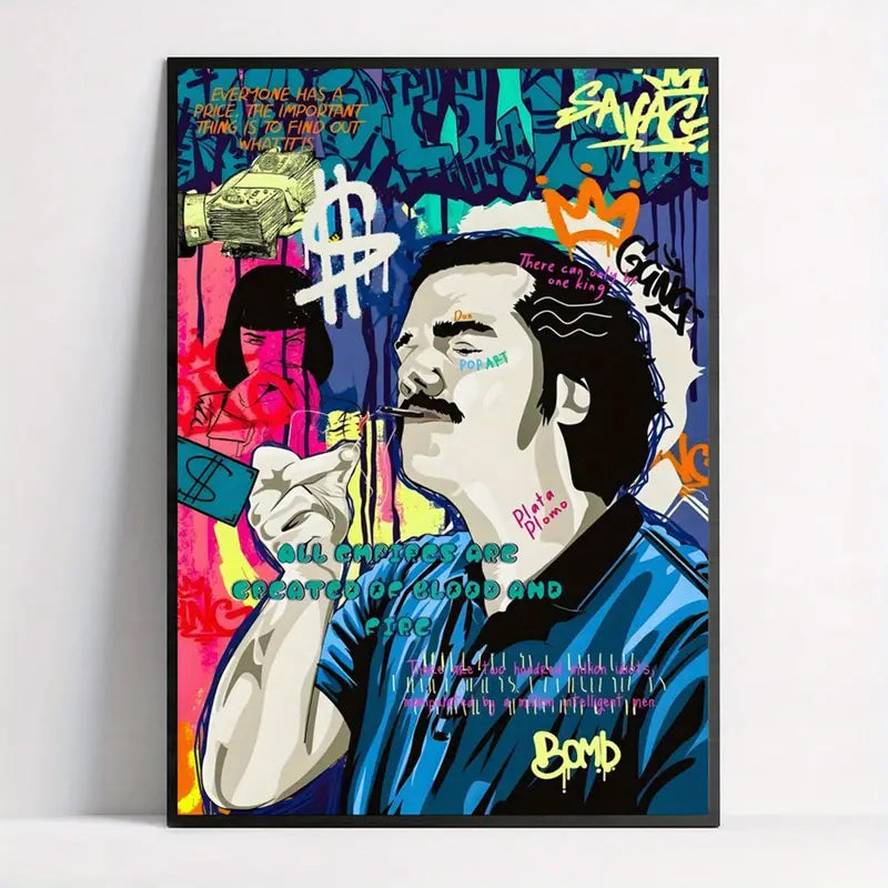 Pablo Escobar Graffiti Poster: Artistic Wall Art for Living Room, Bedroom, Home Office, Bathroom, Kitchen, and Bedroom - Unframed, Modern, Retro, Vertical, Canvas, Indoor Use, Spring & Winter Seasons, Ink Art Medium