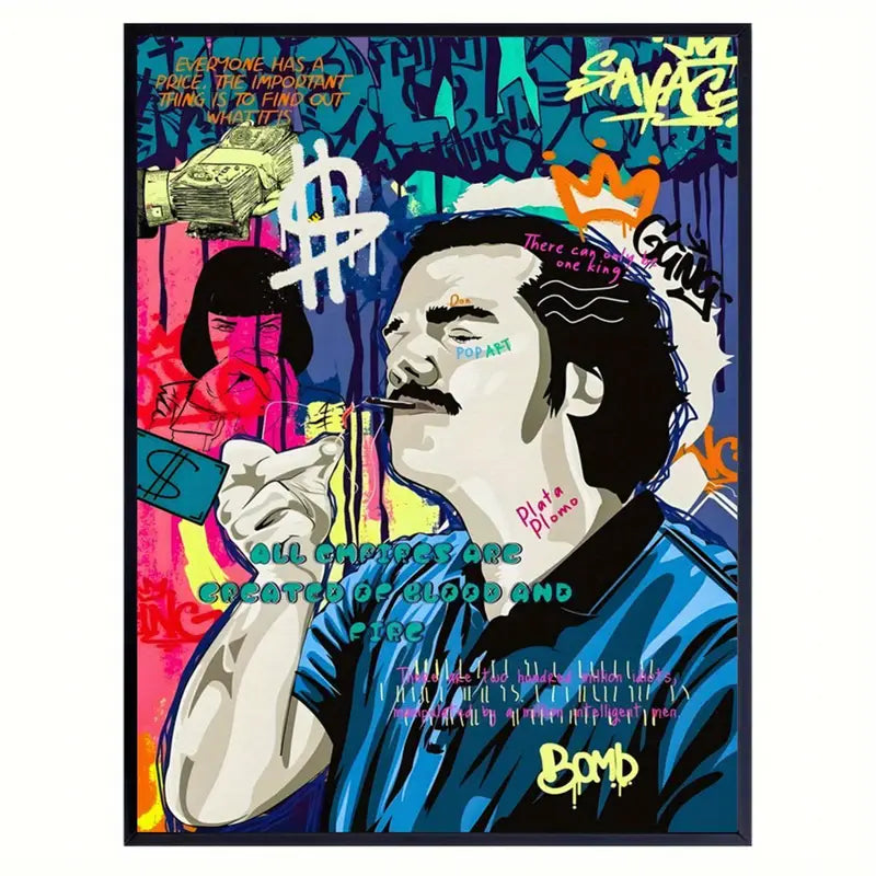 Pablo Escobar Graffiti Poster: Artistic Wall Art for Living Room, Bedroom, Home Office, Bathroom, Kitchen, and Bedroom - Unframed, Modern, Retro, Vertical, Canvas, Indoor Use, Spring & Winter Seasons, Ink Art Medium