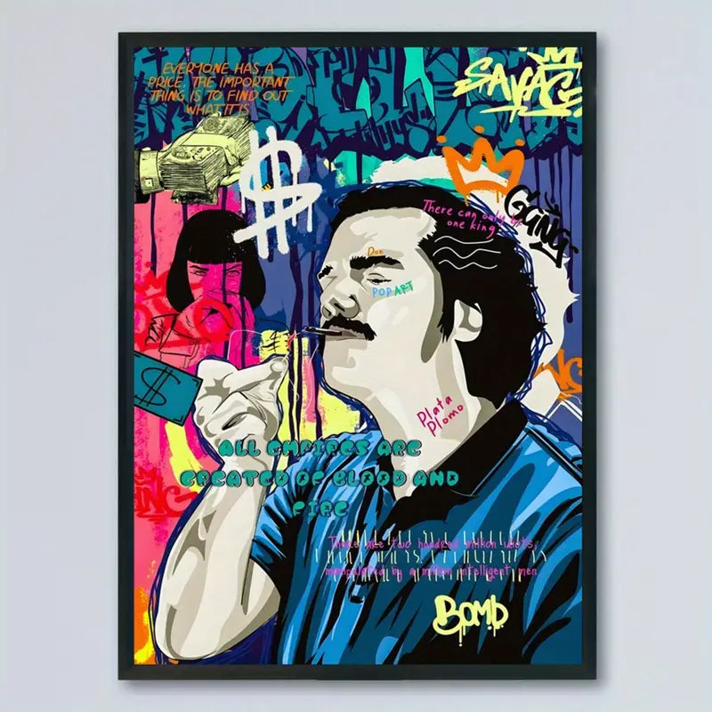 Pablo Escobar Graffiti Poster: Artistic Wall Art for Living Room, Bedroom, Home Office, Bathroom, Kitchen, and Bedroom - Unframed, Modern, Retro, Vertical, Canvas, Indoor Use, Spring & Winter Seasons, Ink Art Medium